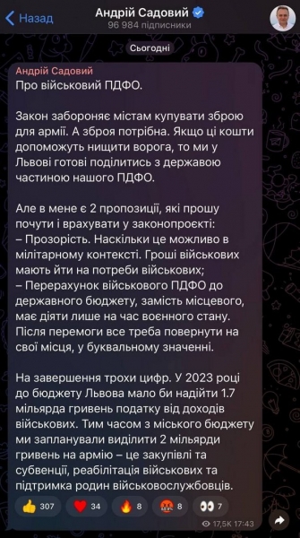 «Цинізм та відверта брехня». Депутат Львівської міськради заявив, що Садовий у березні відмовився віддати міські гроші на ЗСУ